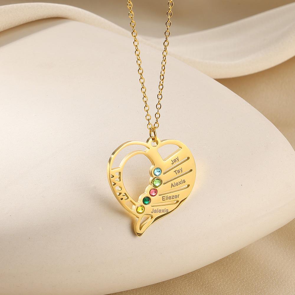 Engraved Family Name Necklace Custom Heart Birthstone Necklace For Mom Jewelry Gold Color Stainless Steel Fashion Birthday Gifts