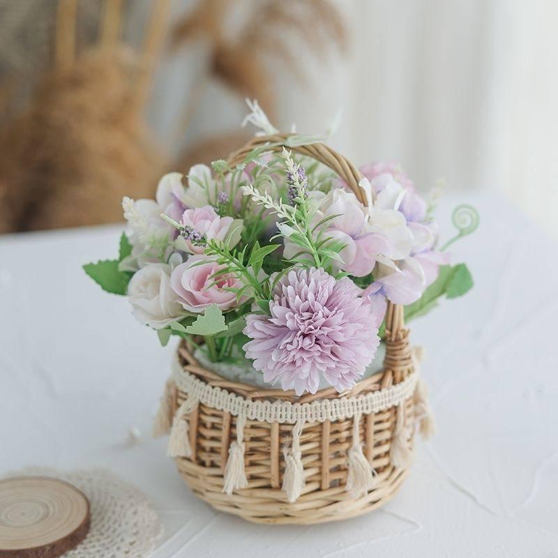 Korean Pastoral Silk Flowers In Handmade Woven Basket for Living Room or B&B Decor