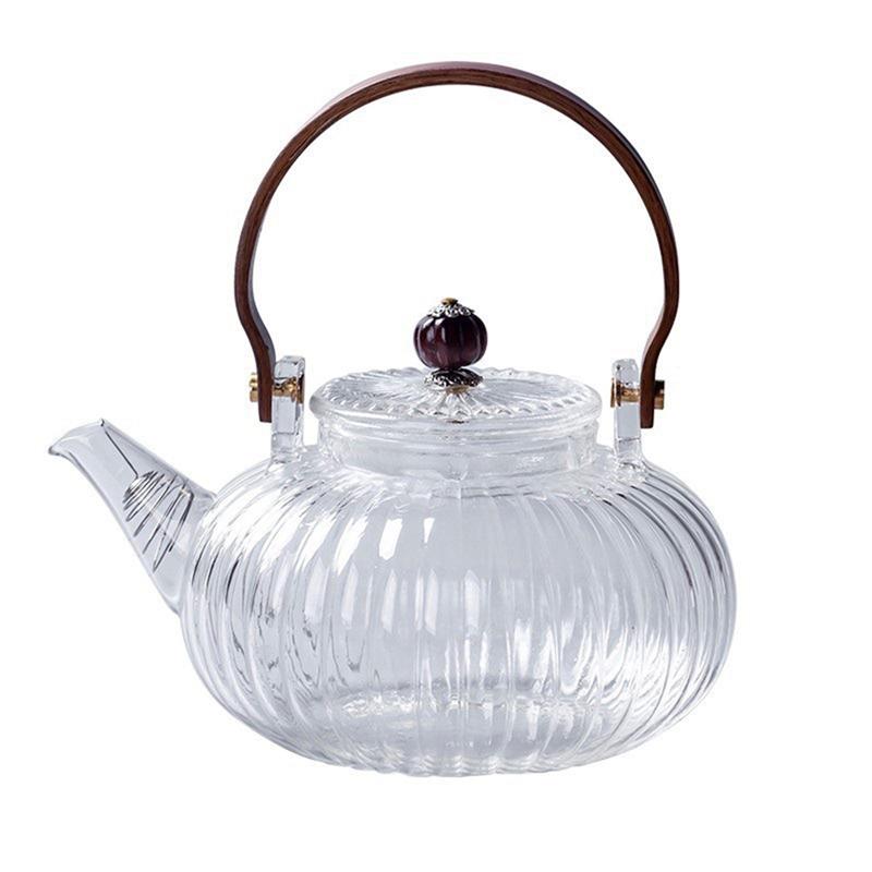 Good-Glass Teapot Wood Handle Teawear High Boron Silicon Transparent Pumpkin Pot Glass Teapot With Filter
