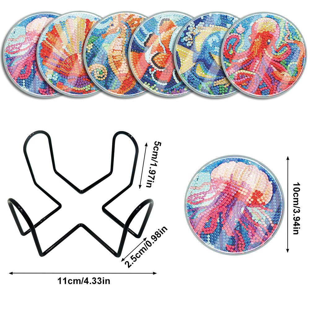 6 PCS Diamond Painting Coasters Kits Cute Animal Acrylic Diamond Painting Art Coaster Kit Cross Washable Sea Animal with Holder