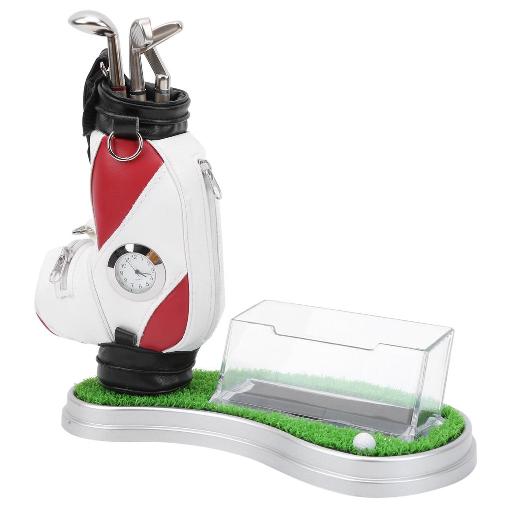 Golf Bag Pen Holder with Clock Card Case Kit for Desk Decoration Golf Gift for Golfer Fans