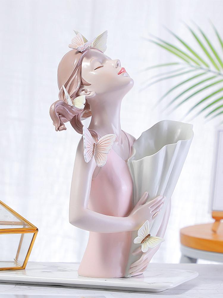 Girl Sculpture Vase Handmade Resin Girl Statue Flower Vase for Home Office Table Decoration Orange Gold