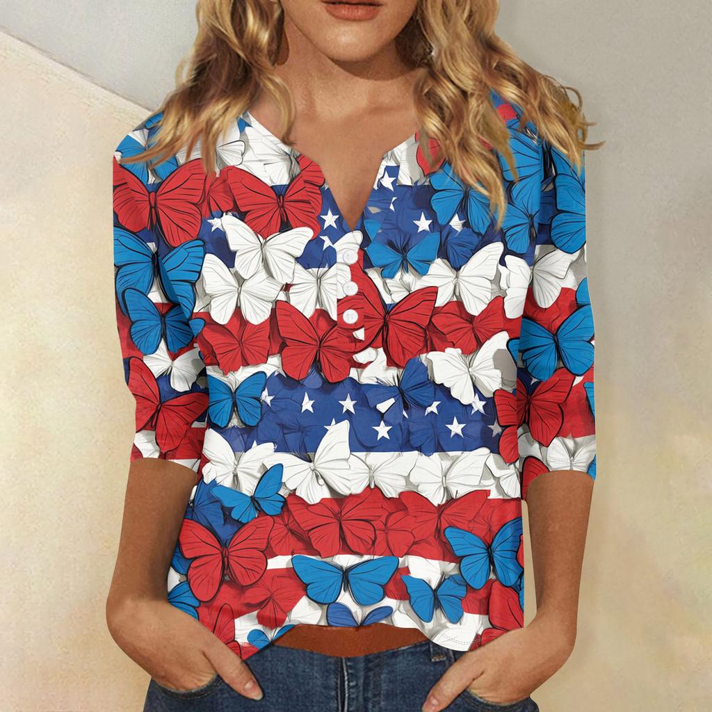 Women's T Shirt Independence Day Print Button 3/4 Sleeve Daily Weekend Fashion Basic V- Neck Regular Top