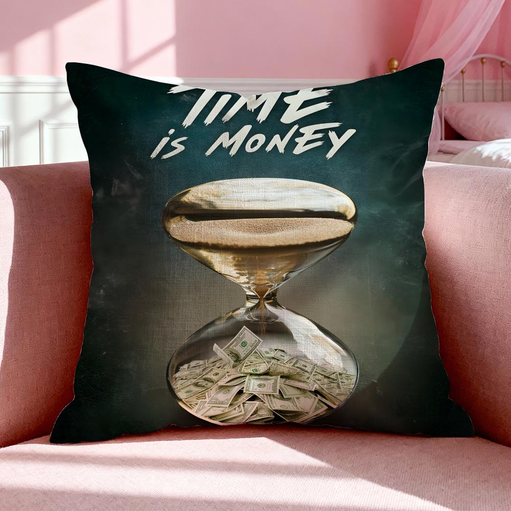 Slogan TTime is Money Cushion Cover Breathable Linen Pillowcase Summer Odorless EcoFriendly Invisible Zipper Washable