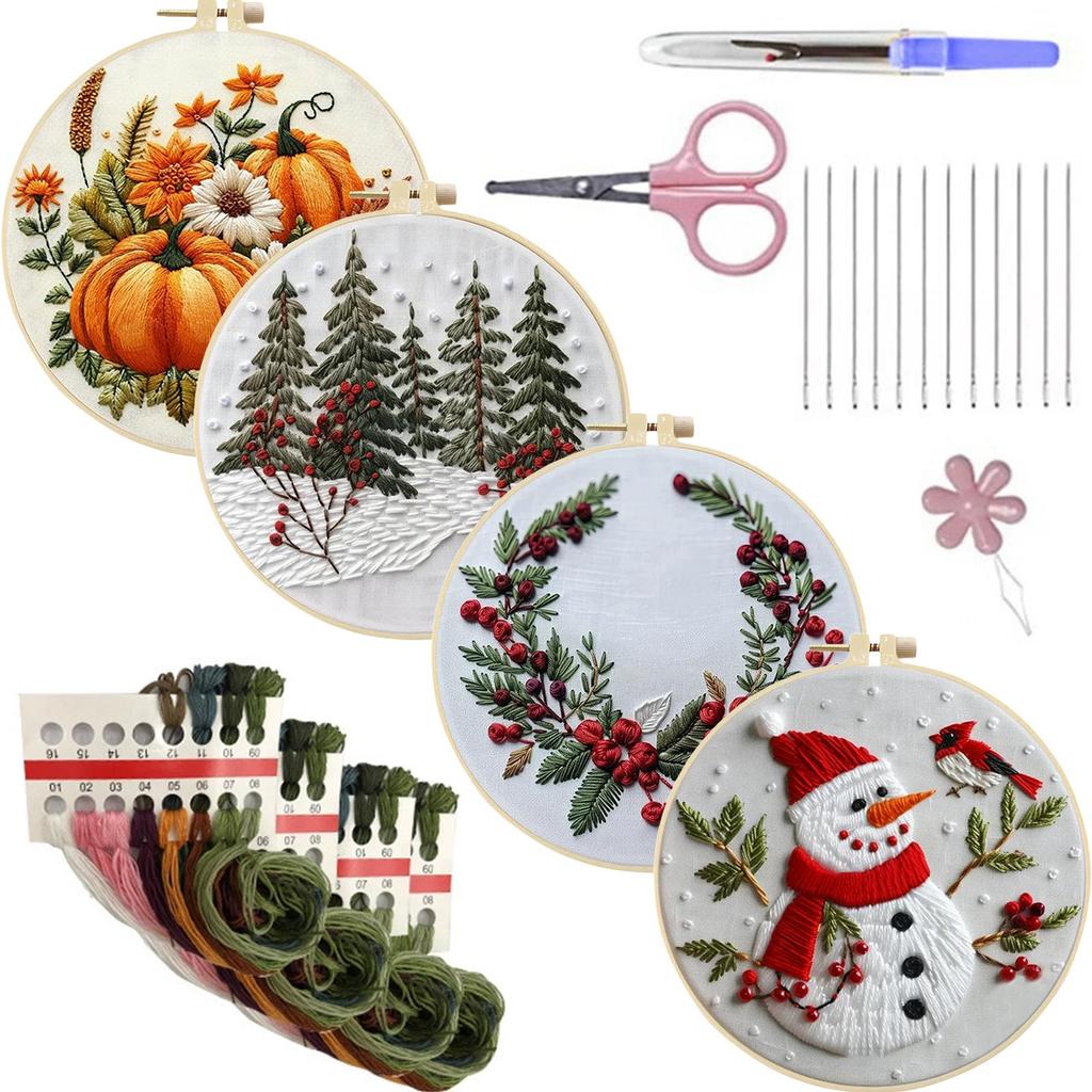 4 Pack Embroidery Starter Kit with Christmas Patterns Cross Stitch Kits with Embroidery Hoop Needles Threads Instruction