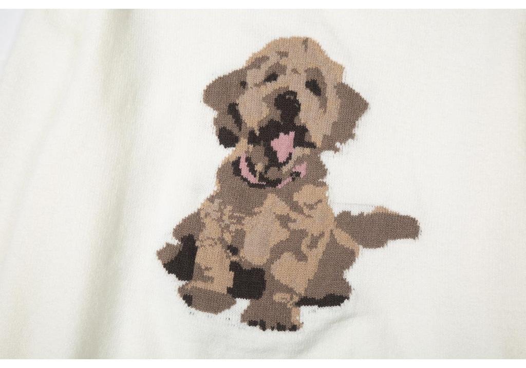 Little Seagull Jacquard Golden Retriever Knit Sweater - Women's Casual Loose Style
