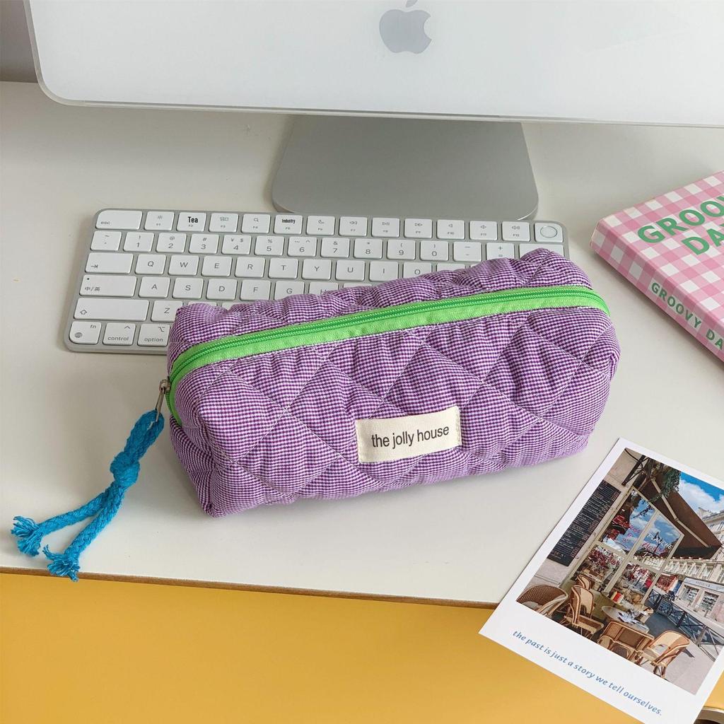 Creative Contrast Color Plaid Cosmetic Bag: Large Capacity, Hand-Held Travel Makeup Brush Storage for Women