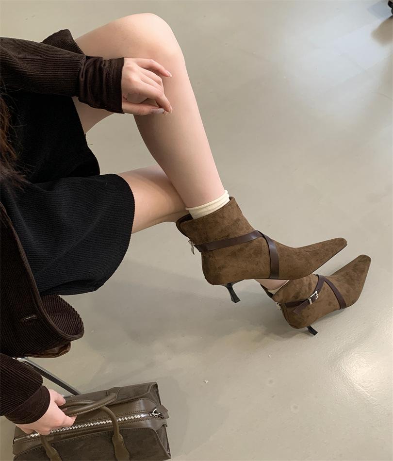 

Pointed thin heel elastic thin boots women s spring and autumn 2025 new high heel suede short boots medium tube Martin boots 39 верблюд