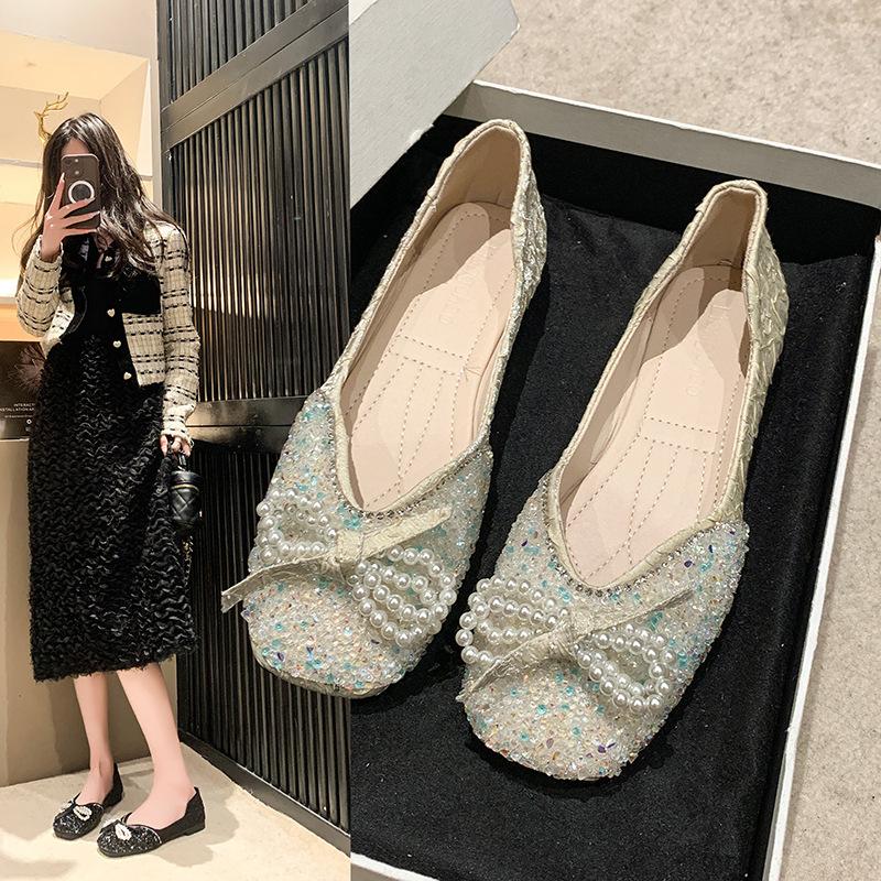 French temperament fairy evening breeze single shoes female flat bottom shallow mouth 2025 new spring and summer shoes rhinestone soft sole ladyshoes