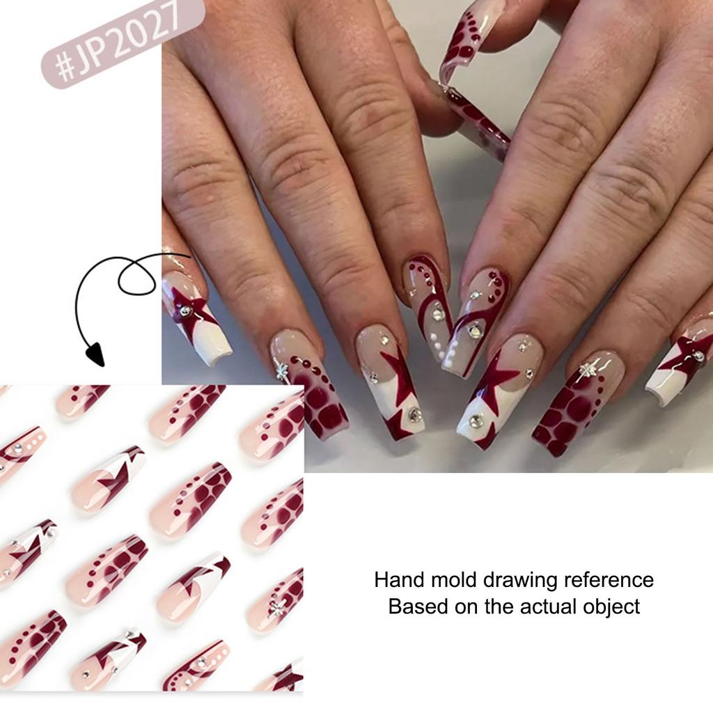 Woman Long French False Nail Star Pattern Nude White Red Resin Artificial Nail for Salon Expert and Naive Women