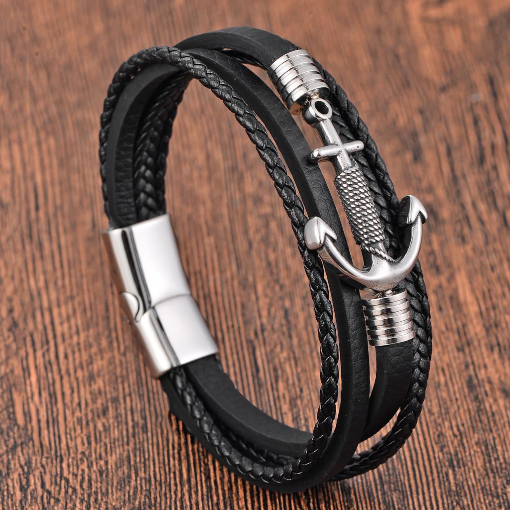 Black Leather Rope Cowhide Men's Double Layer Leather Woven Bracelet Handmade Multilayer Leather Anchor Bracelet