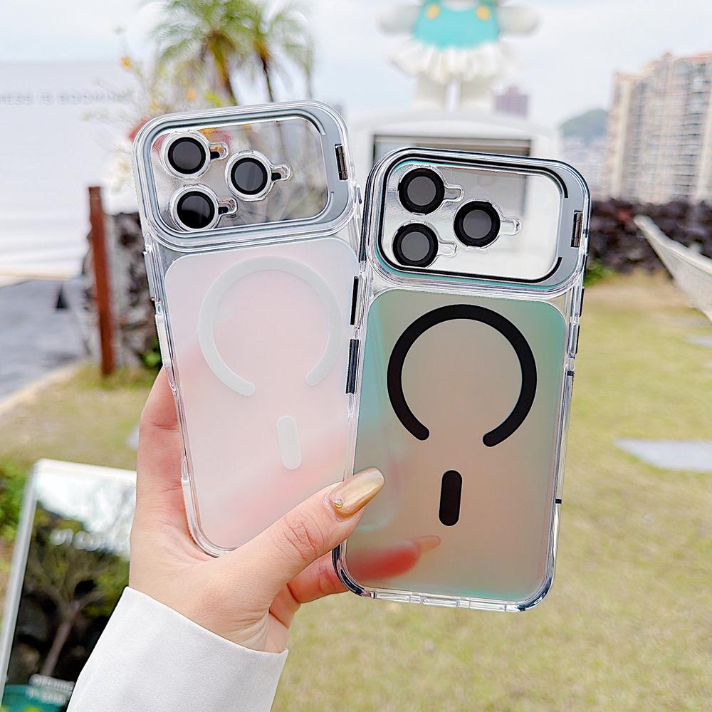 KEYSION Laser Gradient Magnetic Case for MagSafe for iPhone 11 12 13 14 15 17 Pro Max 16Plus Air 17e Lens Stand Shockproof Cover