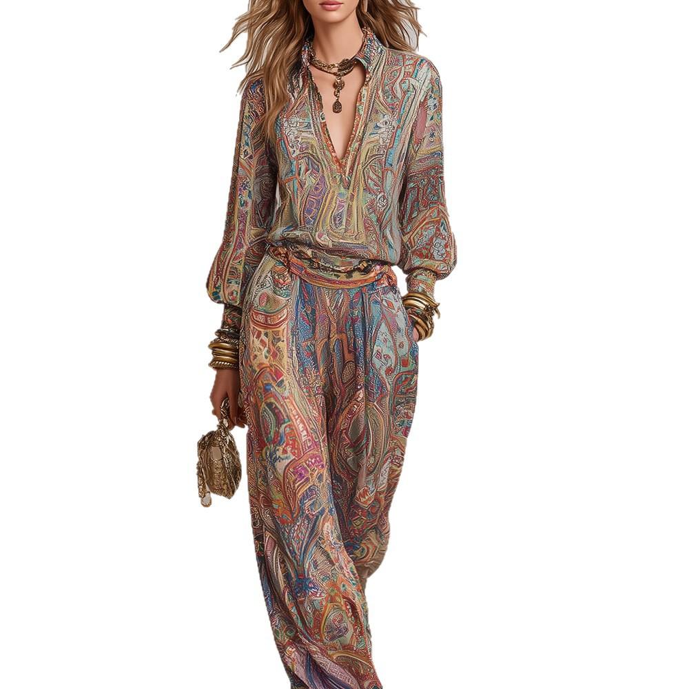 European and American Style Women's Clothing 2026 Casual Suit, New Fashion Temperament Deep V-neck Wide-leg Pants Suit