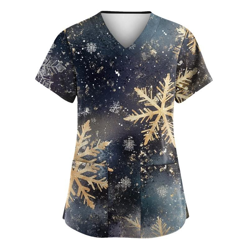 3D Snowman Print V-Neck Short Sleeve T-Shirt Women Men Casual Workwear Comfort Fit 2025