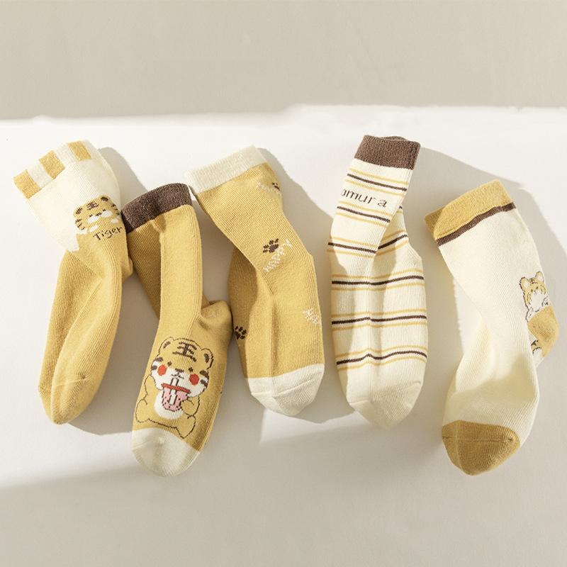 5Pairs/Set Baby Socks Spring Autumn Toddler Boys Girls Cute Tiger Middle Tube Socks For Kids Cute Letter Striped Cotton Sock