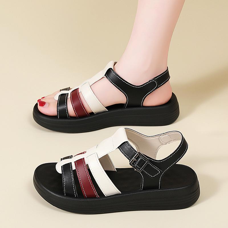 Women's Summer Black Leather Sandals Elevator Casual Slip On Plus Size Brown Walking Minimalist Roman Sandals for Girl