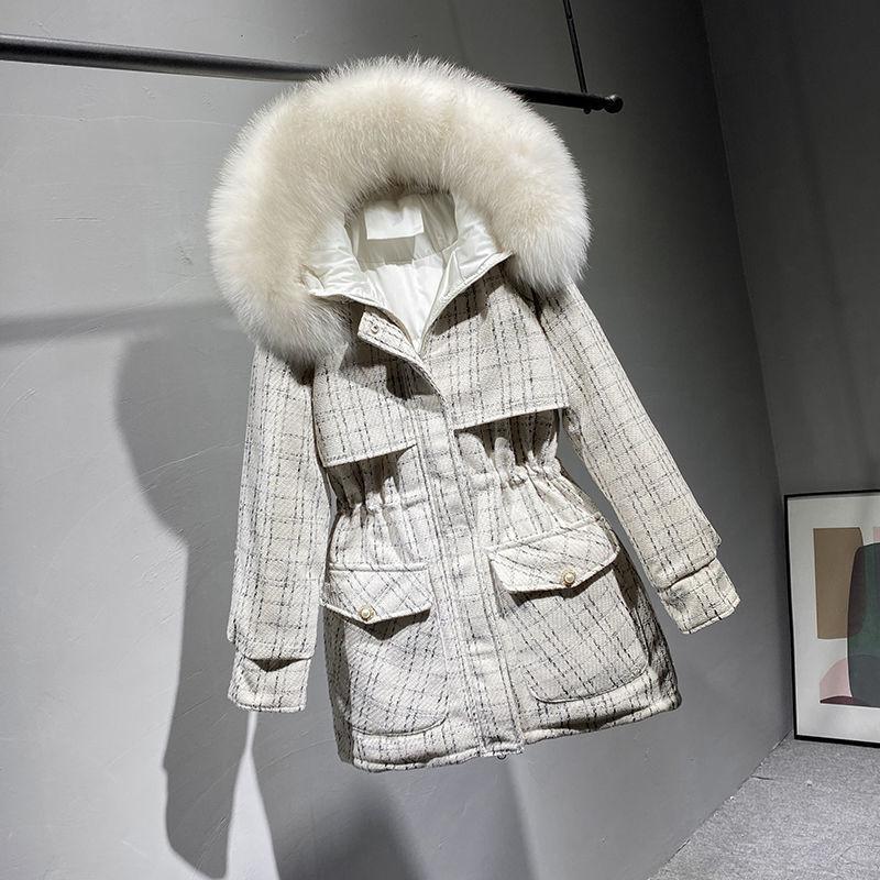 

Женская хлопковая парка средней длины с большим меховым воротником, зимняя одежда, новая модная клетчатая куртка XXL