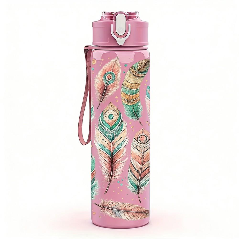 1PC Colorful Peacock Feather Pattern Print 750ml Color Plastic Sports Water Bottle Leakproof Flip Straw Lid Suitable for Sports Office Home Use