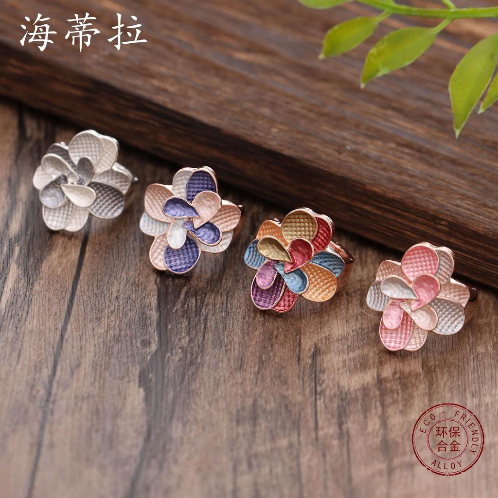 New Enamel Geometric Four-leaf Clover Elastic Ring, Women's Fashion High-end Flower Alloy Ring