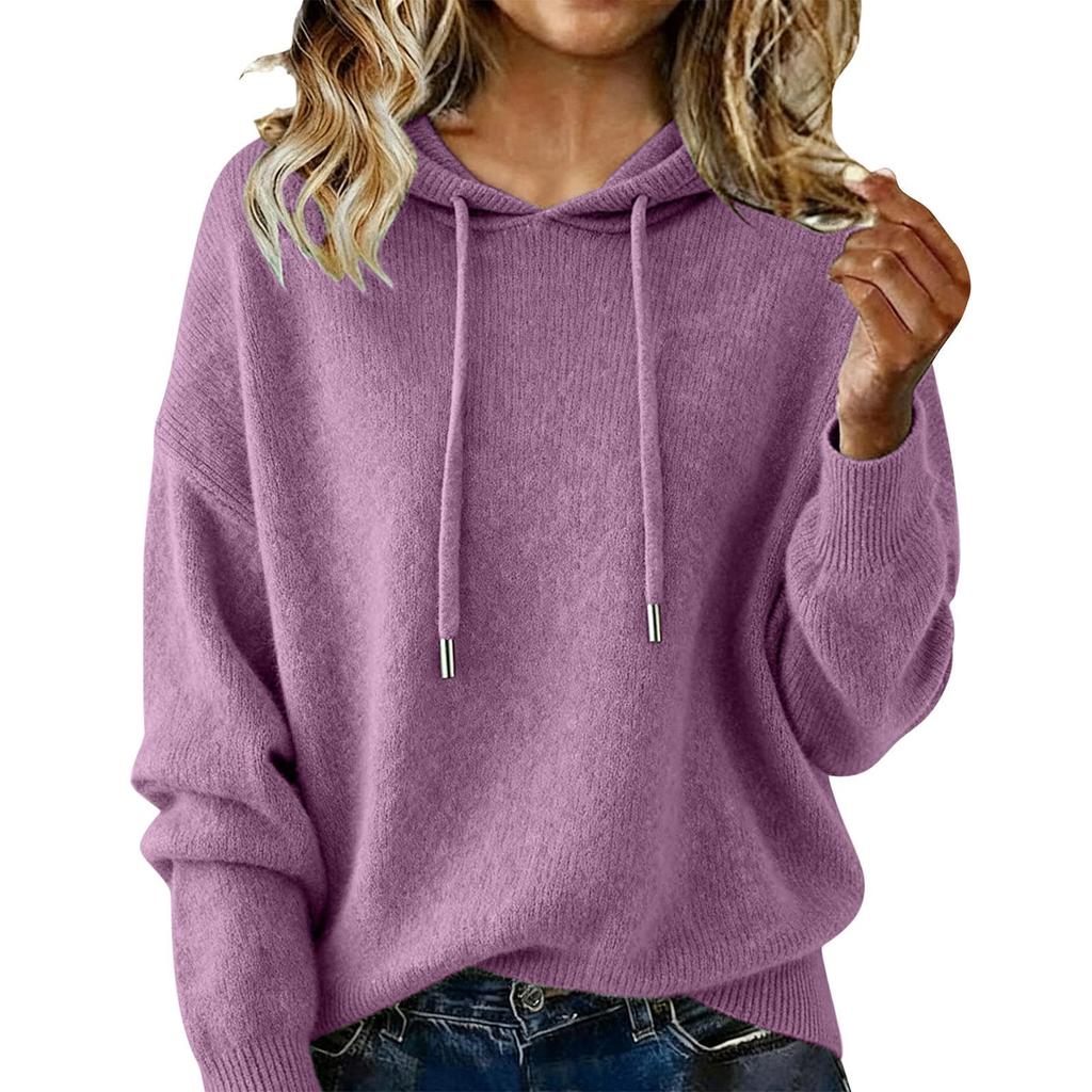 Women's Solid Color Hooded Drawstring Sweater - Long Sleeve Brushed Top