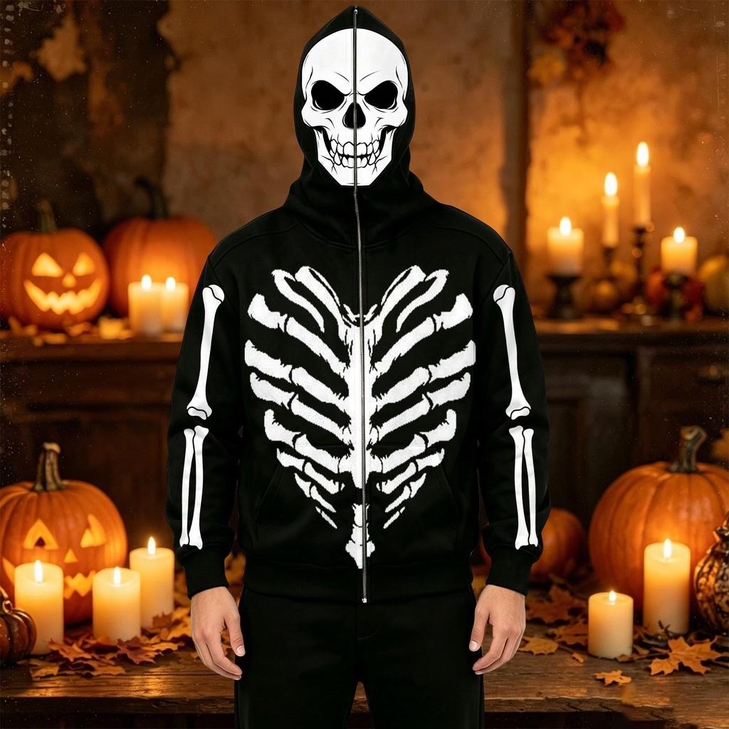 Men's Casual Halloween Print Hooded Jacket with Pockets, Fashionable Outerwear for Halloween