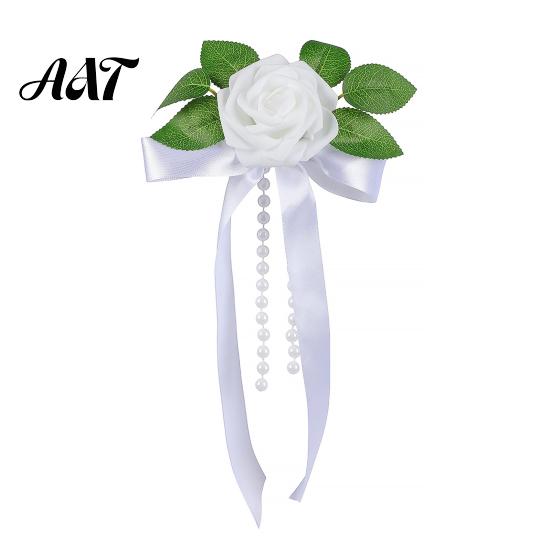 Romantic Wedding Car Decor Artificial White Rose Decoration, Door Handle & Rearview Mirror Flower Bouquet All Weather Set with Satin Ribbon