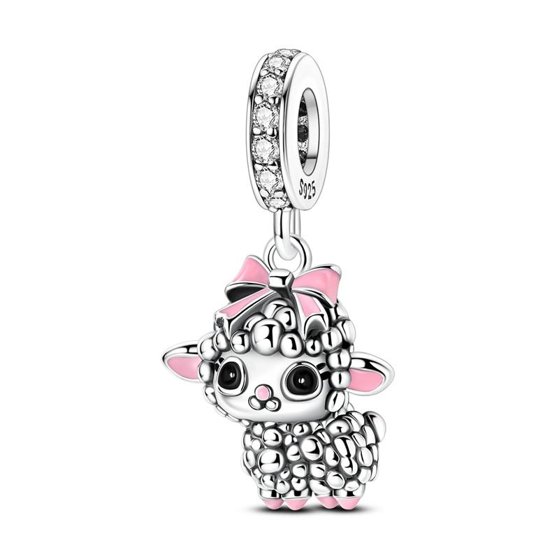 Original 925 Sterling Silver Bead Charms Pink Bow Cute Baby Sheep Pendant Fit Original Bracelet For Women DIY Jewelry Gift