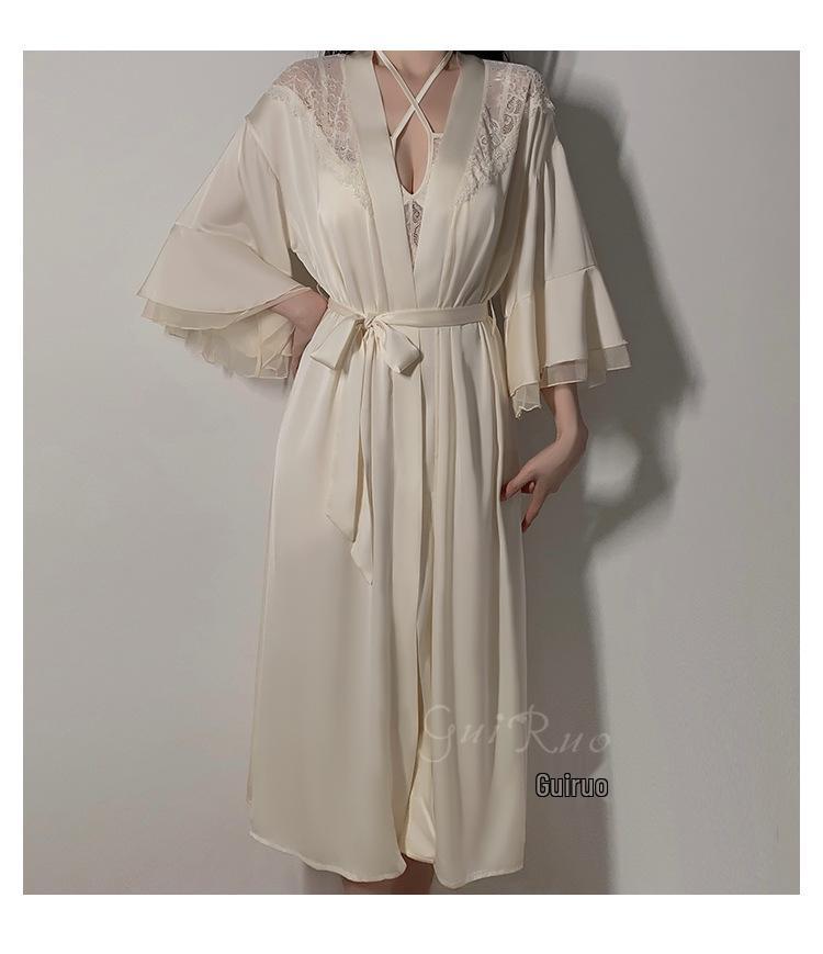 Pure Desire Ice Silk Nightdress Set: Rose-Inspired Lingerie with Deep V Neckline and Breast Pads, Comfortable Outer Robe - Model Z4553