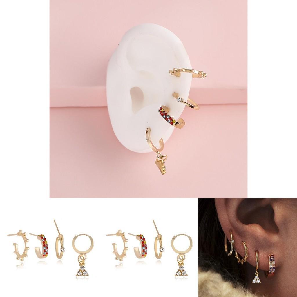 Geometric Stylish Rhinestone Earrings Set Alloy Four Piece Chic Set Jewelry