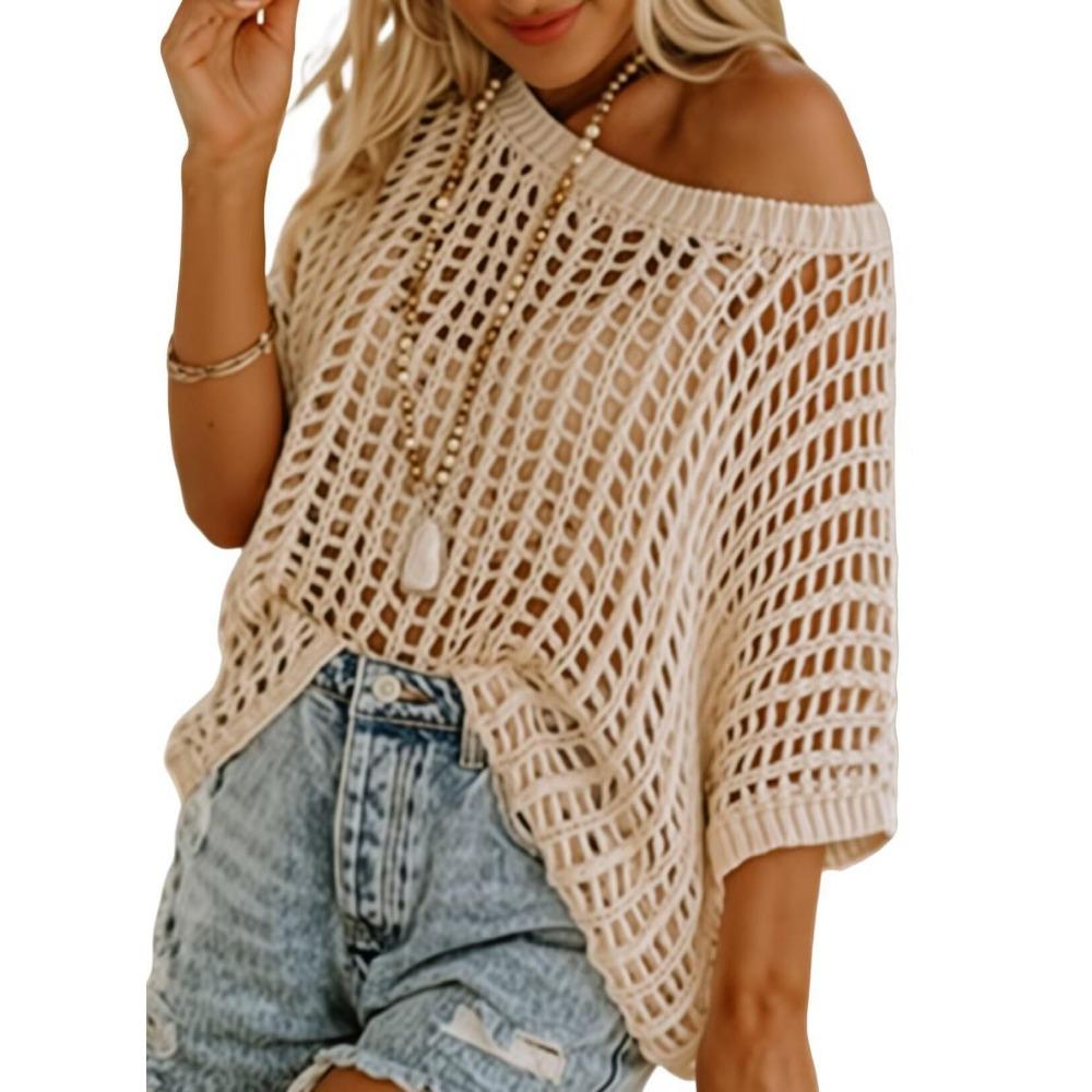 Top estivo sexy a maniche a cinque quarti con cut-out e traforato, pullover smock da spiaggia, maglione lavorato a maglia per donna