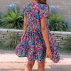 Women Floral Print V Neck Short Sleeve Empire Waist Ruffle Hem Swing Mini Dress