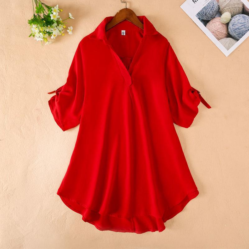 Short Sleeve Shirt Summer Women's Front Short Back Long Shirt Large Chiffon Shirt Half Open Collar Shirt