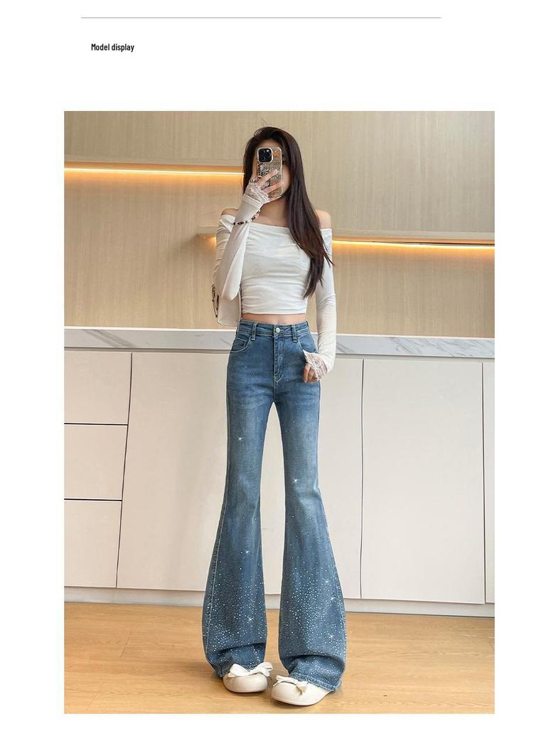Jeans de Micro-Campana de Tiro Alto con Pedrería Brillante – Pantalones Acampanados Elásticos de Corte Ajustado para Mujer para Primavera/Otoño