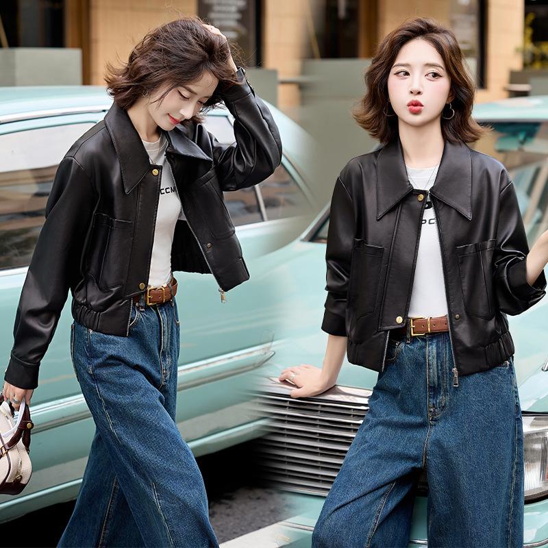 Khaki Leather Jacket Women's Spring and Autumn New Small Short Motorcycle Jacket Top