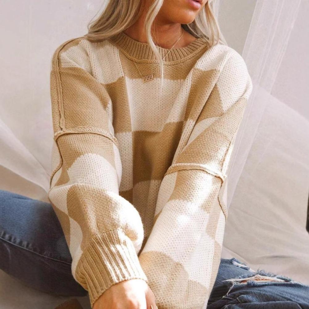 Women's Crew Neck Long Sleeve Knit Top Loose Fit Lazy Casual Sweater Color Block Plaid Pullover Knitwear