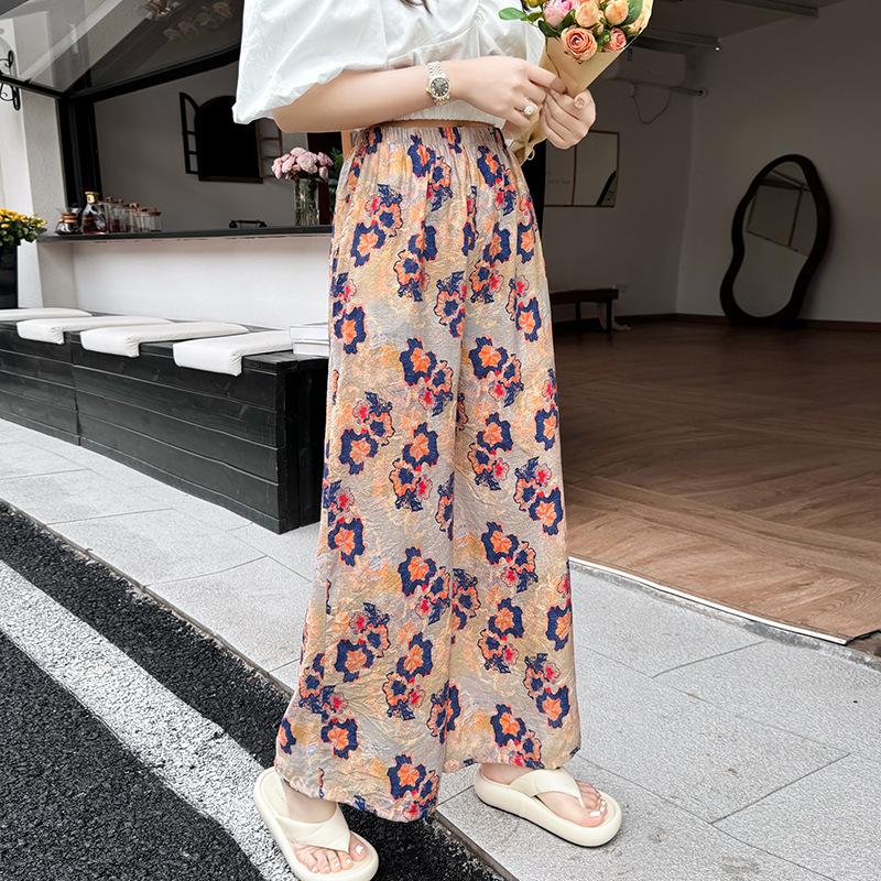 Pantaloni de pijama din bumbac mătase pentru femei, secțiune subțire de vară, anti-țânțari, pantaloni cu picior lat, culoare uni, pentru exterior, casă, petrecere a timpului liber, imprimeu, pantaloni de plajă până la genunchi