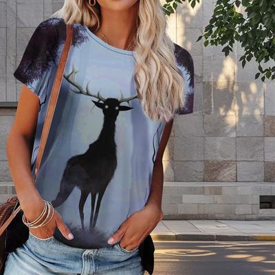 Women Summer T Shirt Fawn Print Retro Fashion Short Sleeve Tees Casual   Printed  Tops