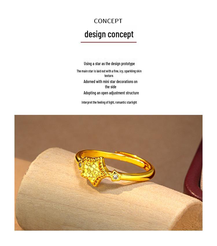 Gold-Plated Sparkly Crushed Ice Star Ring, Adjustable Open Design, Sweet Light Luxury Meilong Jewelry