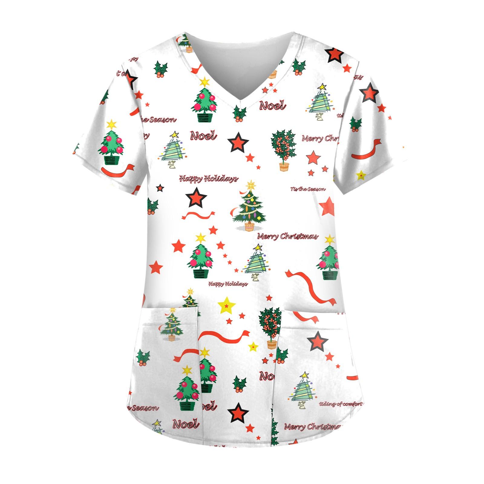 

Женские топы с короткими рукавами и v-образным вырезом с рождественским принтом, рабочая блузка с карманами, рубашки, униформа XXL бежевый