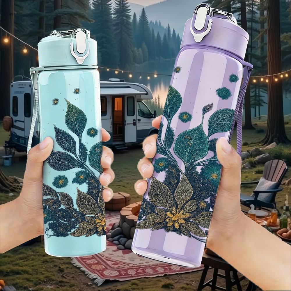 1PC Dark Teal Leaf Botanical Art Print 750ml Color Plastic Sports Water Bottle Leakproof Flip Straw Lid Suitable for Sports Office Home Use
