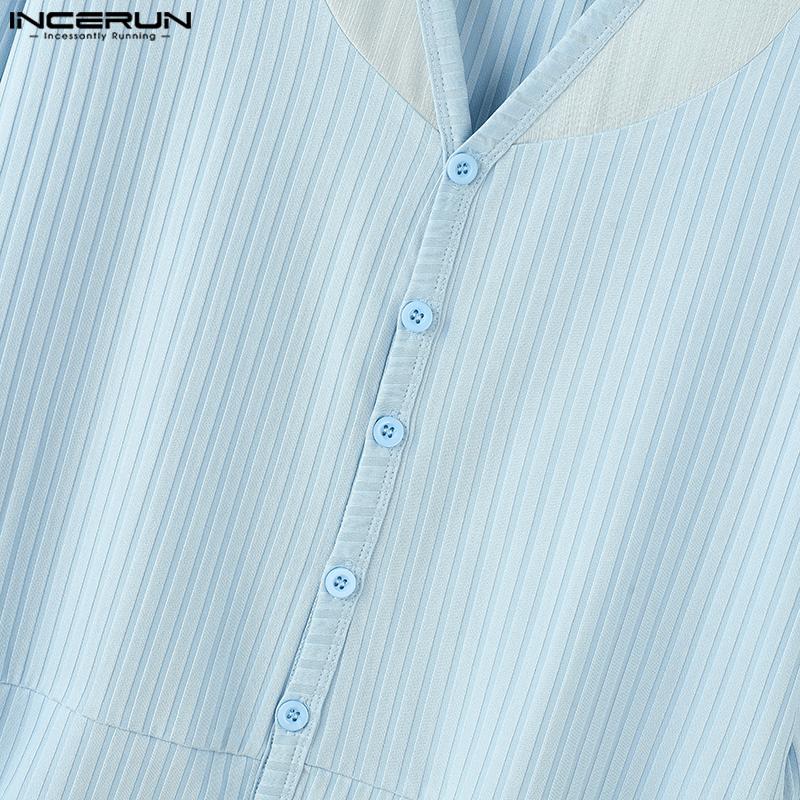 INCERUN Herren Tiefer V-Ausschnitt Langarm Gestrickte Unterhemden Lässige Patchwork Rippen Gestreifte Oberteile