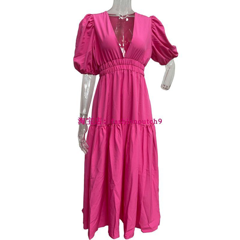 

2023 Casual Fashion Trend V-Neck Waist Dress Waist-Tight Dress Rose Red M