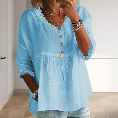 Camisa Mujer Cuello en V 45720 Manga Ajuste Holgado Encaje Empalmado Tops Sólido