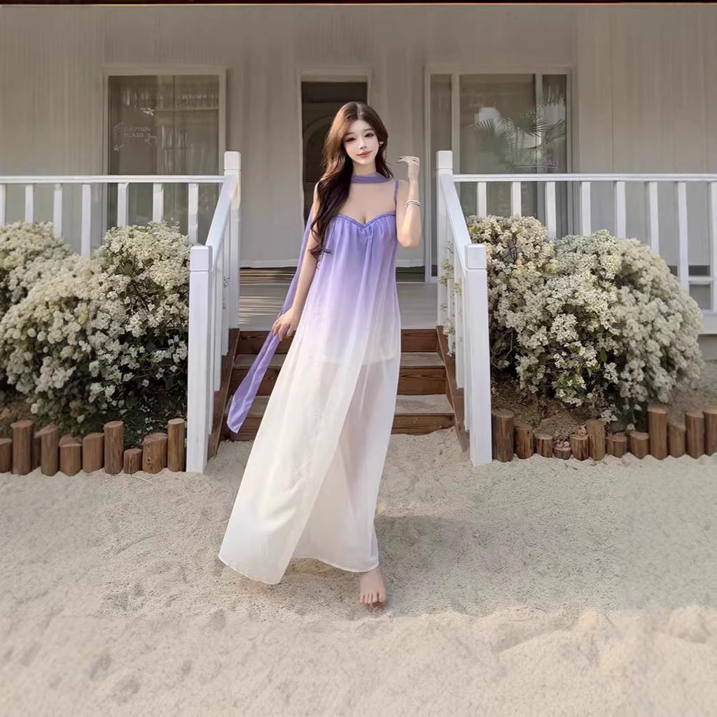 Summer new French romantic Ou Ruo purple gradual change tube top super fairy long dress