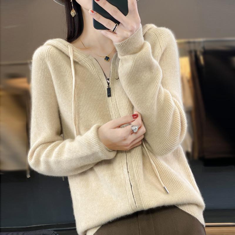Women's Hooded Knit Wool Sweater – Age-Reducing, 100% Pure Wool Base Layer for Autumn/Winter