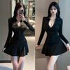 Sports Style Polo Collar Black Long-sleeved Dress Women's First Autumn Dress High-end Waist Shirt Skirt Small Man