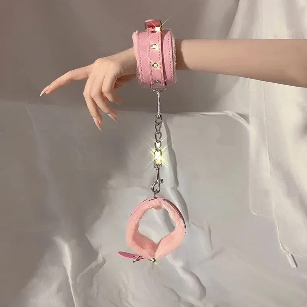 Sexyhot SM Goods Restraints Handcuffs Leg Shackles Eye Mask Restraints Bed Restraints Adjustable SM Beginner SM Play 4 Piece Set Pink