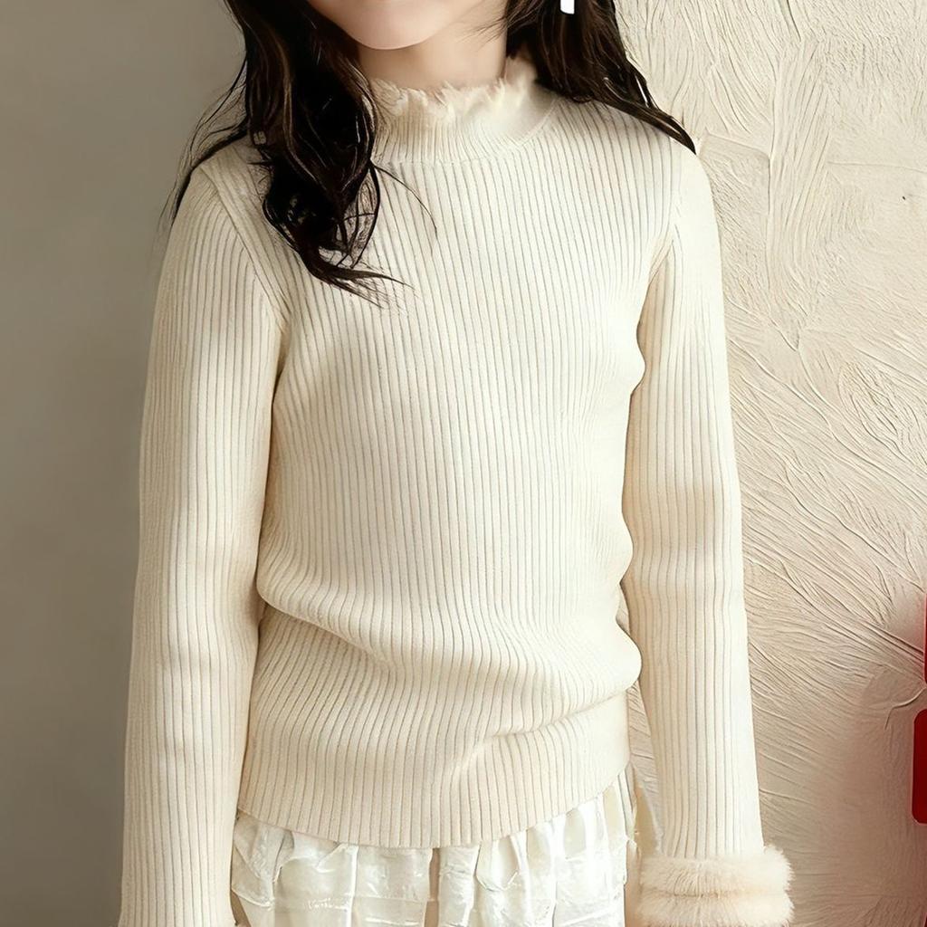 Girls Semi Turtleneck Fleece Lined Knit Sweater Ruffle Trim Thick Warm Pullover Top
