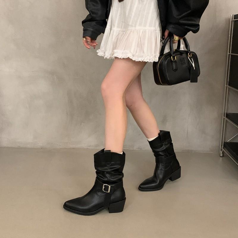 Womens Retro Chunky Heel Ankle Boots Pointed Toe Belt Buckle Fold Fall Fashion Casual Shoes Size 36-43