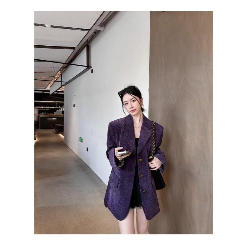 Korean Style Purple Corduroy Blazer Women Loose Fit Vintage Long Sleeve Spring Autumn High End Small Batch Suit
